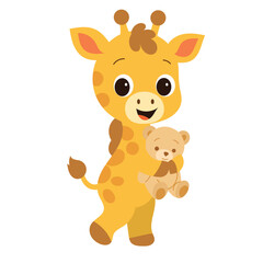 Fototapeta premium Cute baby giraffe holding teddy bear, cartoon character illustration