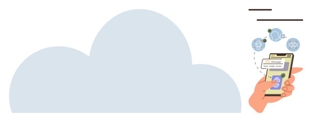 Mobile app on smartphone connects to cloud storage, exchanging files and messages. Ideal for cloud computing, digital communication, data sharing, remote access, online storage, file transfer, simple