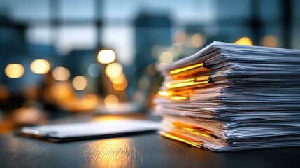 Stack of full manila folders on wooden office desk with pen and clipboard in daytime
