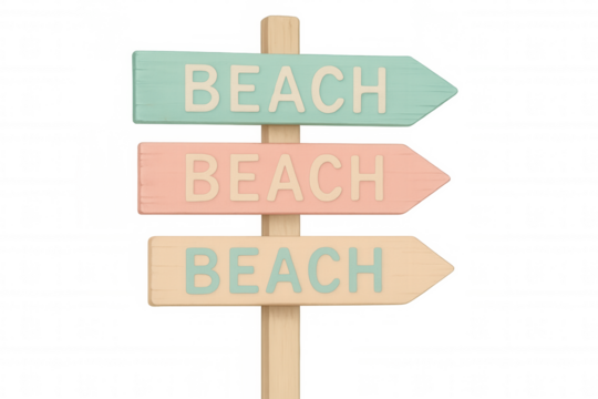 Weathered wooden signpost with vibrant directional arrows, indicating beach paths against clean backdrop, signaling coastal wandering