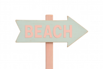 Wooden arrow signpost featuring the word beach pointing right, set against a transparent background, perfect for travel-themed designs