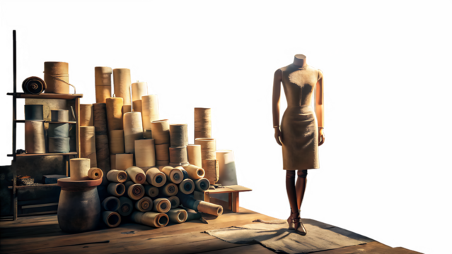 Mannequin and spools of thread isolated on transparent background in a workshop