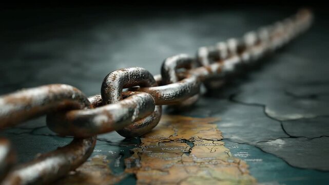A chain is shown with a map of the world in the background. The chain is rusty. Close up broken metal chain links over faint Gaza map outline, ceasefire dramatic conceptual muted