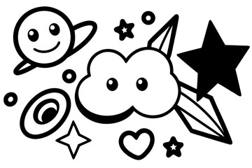 Vector art of cute space and cloud doodles, featuring stars, planets, and hearts, perfect for adding a whimsical touch to designs