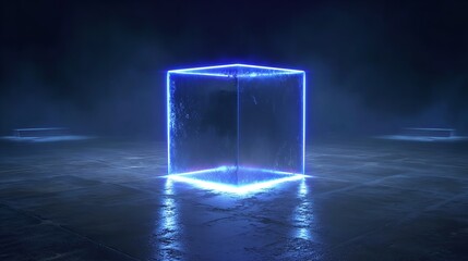 Glowing Neon Cube in Dark Environment with Reflections and Mist
