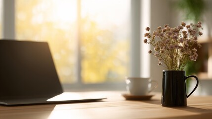 organized. Minimalist workspace featuring a closed device on a wooden table, exuding calm and productivity in warm tones. lifestyle magazines.