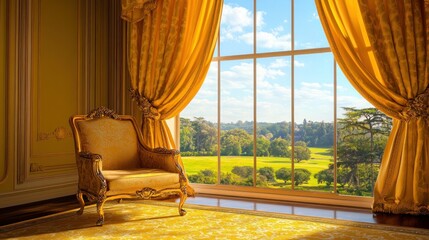 Golden room with scenic landscape view