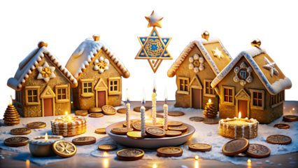 Hanukkah gingerbread houses and menorah isolated on transparent background