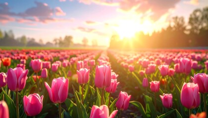 Vibrant Pink Tulip Field at Sunrise.