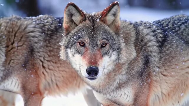 Two wolves in winter snow covered forest looking at the camera intently