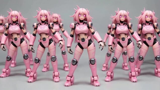 Collection of pink anime robot figures with glowing eyes standing in formation on a gray surface showcasing futuristic design and collectible art for scifi enthusiasts