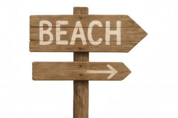 Wooden arrow sign directing the way to the beach, featuring a transparent background for versatile use in various designs