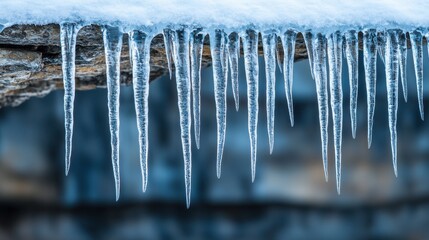 Glimmering Icicles Dangling from a Frozen Edge with Snow Covering the Rocks Beneath in a Cool Winter Setting with Soft Blue Tones and Selective Focus
