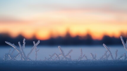 Frosty grass blades in forefront with blurred winter landscape and soft sunset hues creating a tranquil and serene atmosphere in cold weather setting