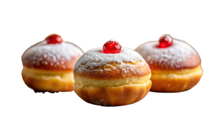 Three sufganiyot isolated on transparent background, traditional hanukkah donuts