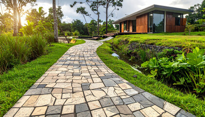 Fototapeta premium Stone pathway leading to modern home