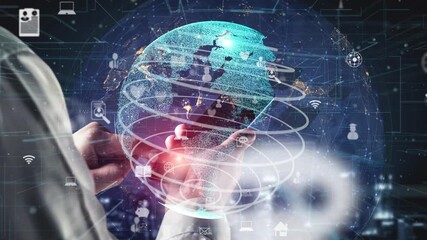 A person holds a smartphone while interacting with a digital globe surrounded by icons. This visual represents modern technology and global connectivity in a futuristic context. Xenic - Powered by Adobe