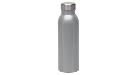 Sleek stainless steel water bottle with a metal cap stands upright on a clean surface. Ideal for hiking, gym use, or everyday hydration in various environments.
