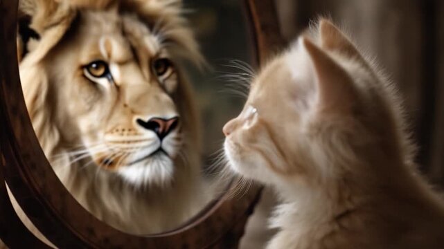 Kitten gazing at mirror, seeing lion; dream, potential, self-image