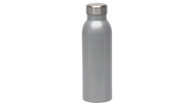 Sleek stainless steel water bottle with a metal cap stands upright on a clean surface. Ideal for hiking, gym use, or everyday hydration in various environments.