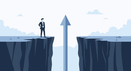 Obraz premium Modern Illustration of Businessman Facing Cliff Gap with Arrow Bridge Graphic