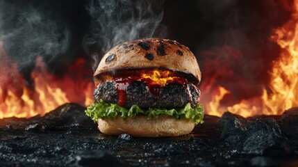 Hot spicy gourmet burger with fire background