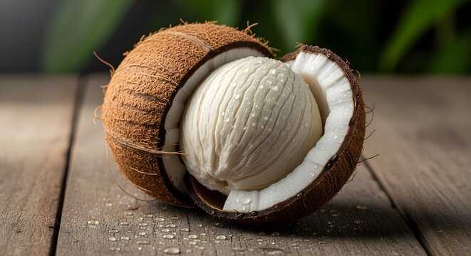 A halved coconut with white flesh and water droplets on a wooden surface against a leafy background