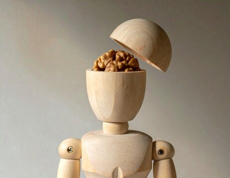 Wooden mannequin with a walnut brain 