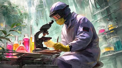 Lab worker analyzes samples through microscope, surrounded by glassware - Powered by Adobe