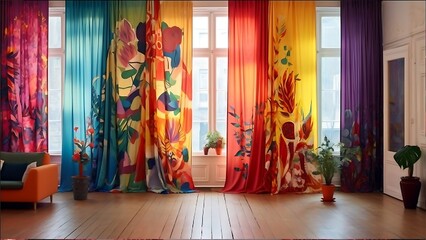 Vibrant spectrum of abstract botanical curtains transforming an airy living space with artistic