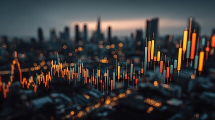 Stock market analysis candlestick charts and data displayed against blurred city night skyline, financial investment and trading concept