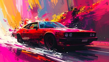 Vibrant red car in a colorful urban scene