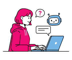 Illustration of a young woman chatting with an AI assistant bot on her laptop computer. Concept for virtual customer service, online consultation, and artificial intelligence technology