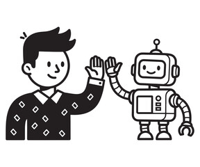 Friendly cartoon illustration of a man and a robot giving a high five, symbolizing future technology and human-AI teamwork