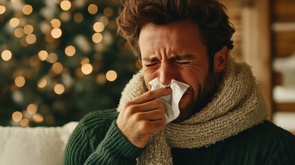 Young man in green sweater and scarf around his neck blowing nose while sitting indoors in winter during christmas time 