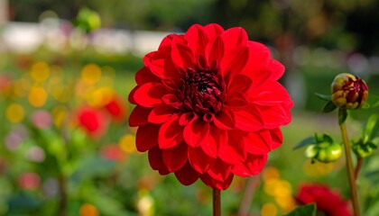 Vibrant red dahlia in garden