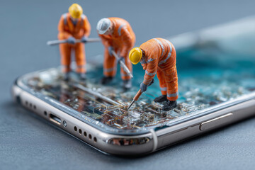 Three men in orange and yellow outfits are working on a cell phone