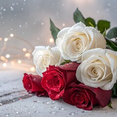 A bouquet of fresh white and red roses against a soft dreamy background.