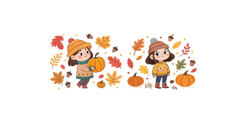 Fototapeta premium Print Vector Illustration of Cute Cartoon Girl in Autumn Theme – Seasonal Character Design with Fall Elements