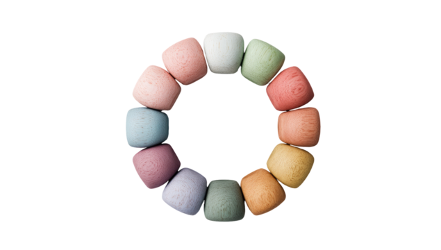 Circular arrangement of soft, pastel-hued, rounded shapes