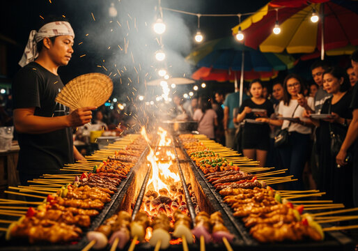 A street vendor fans flames over rows of grilling meat skewers at a bustling outdoor night market, attracting customers with the enticing aroma.
