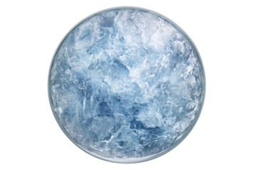 Frozen sphere, textured ice.  Close-up view of a round, translucent, ice sphere, showing intricate, wavy patterns and crystalline formations on its surface.  The ice appears frosty and smooth