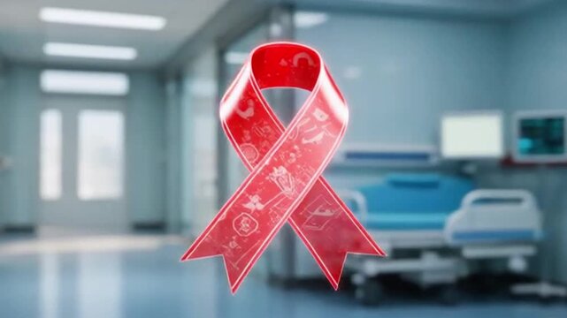 Red AIDS awareness ribbon in hospital setting world aids day