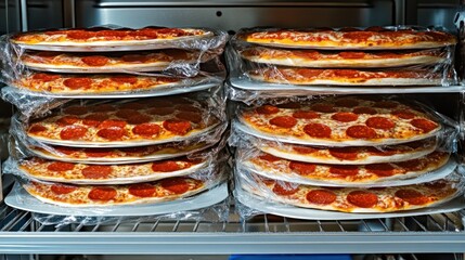 Frozen pepperoni pizza pies in refrigerator
