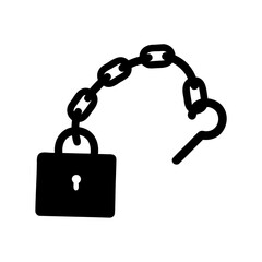 Cartoon style padlock connected to a chain and a bent key
