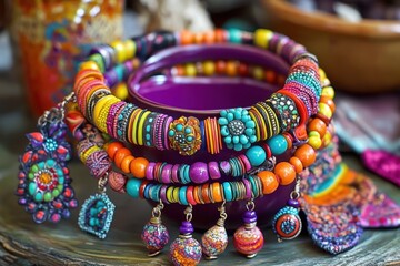 Vibrant, colorful bead necklace, bracelet, earrings, keychains