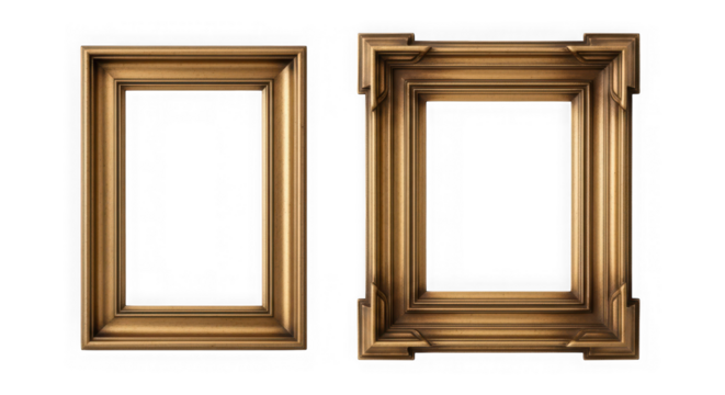 Two ornate golden picture frames with decorative borders isolated on transparent background
