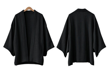 Black kimono-style cardigan, front and back views.  Simple, classic design.  Hangs on wooden hanger