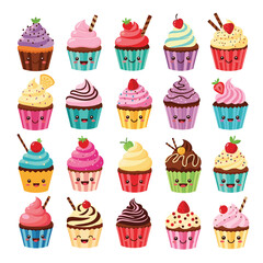 A delightful collection of twenty colorful kawaii cupcakes with various toppings and smiling faces.