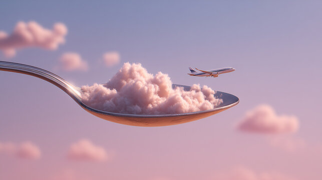 Dreamlike and whimsical: a tiny airplane soars through fluffy clouds held on a spoon - Powered by Adobe